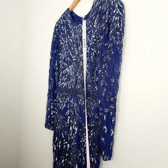 NWT Mac Duggal Illusion Beaded Embellished Long Sleeve Gown 8 Midnight Formal